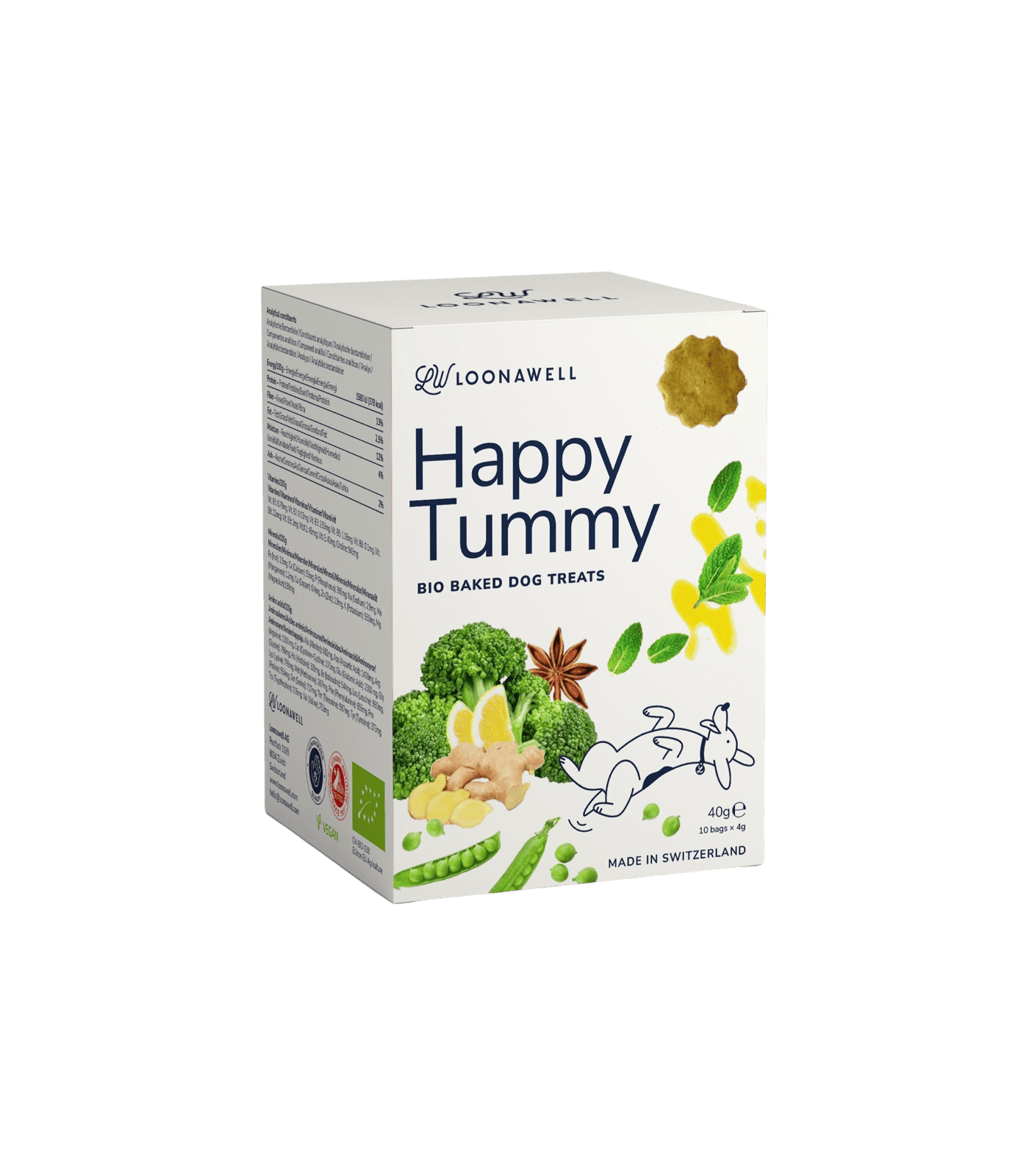 LOONAWELL Happy Tummy dog treats. For dogs with sensitive stomachs. Handmade in Switzerland and traditionally baked. Organic treats by LOONAWELL.