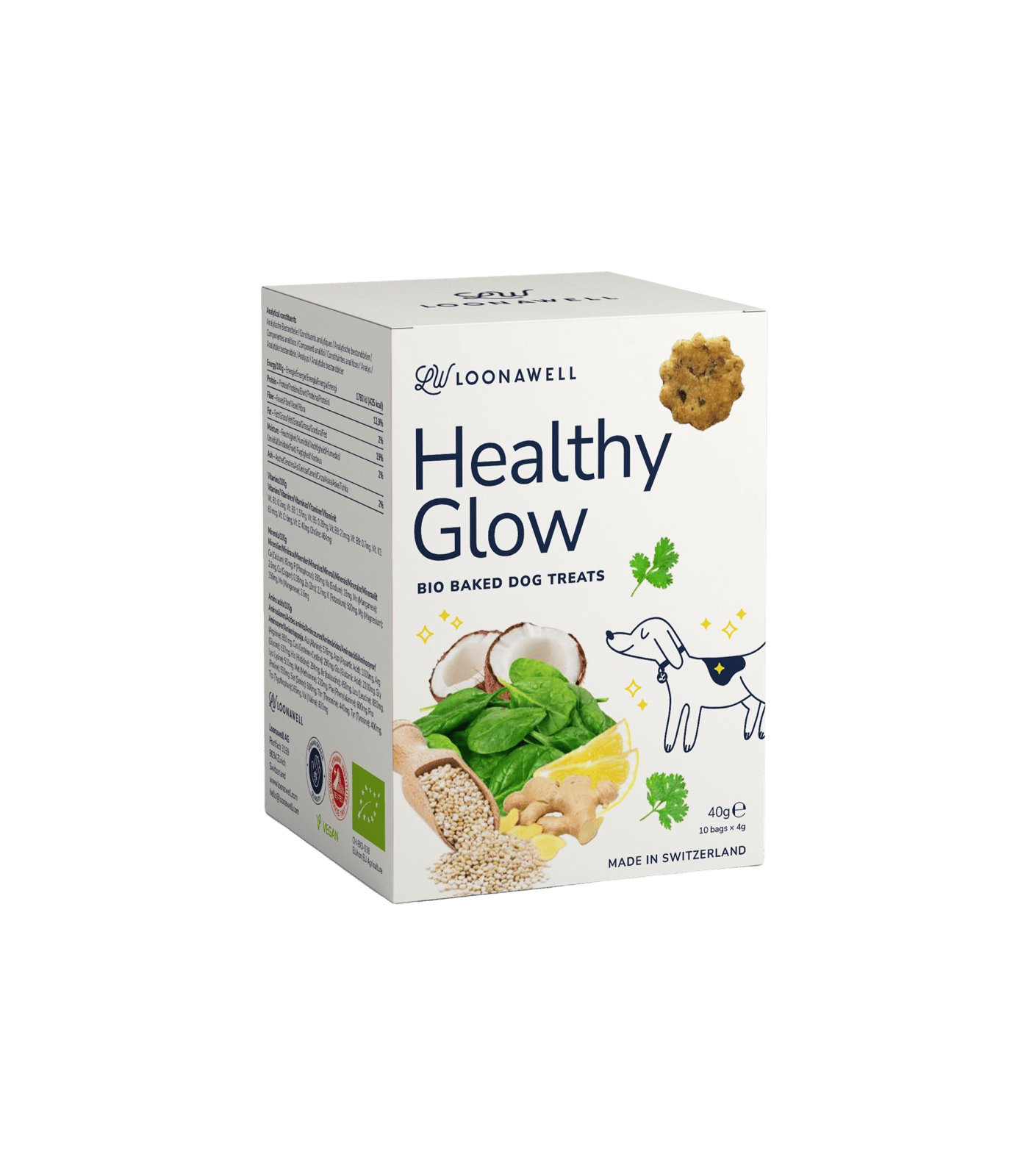  LOONAWELL Healthy Glow organic treats for dogs with sensitive skin. All natural treats made in Switzerland. Organic treats by LOONAWELL.