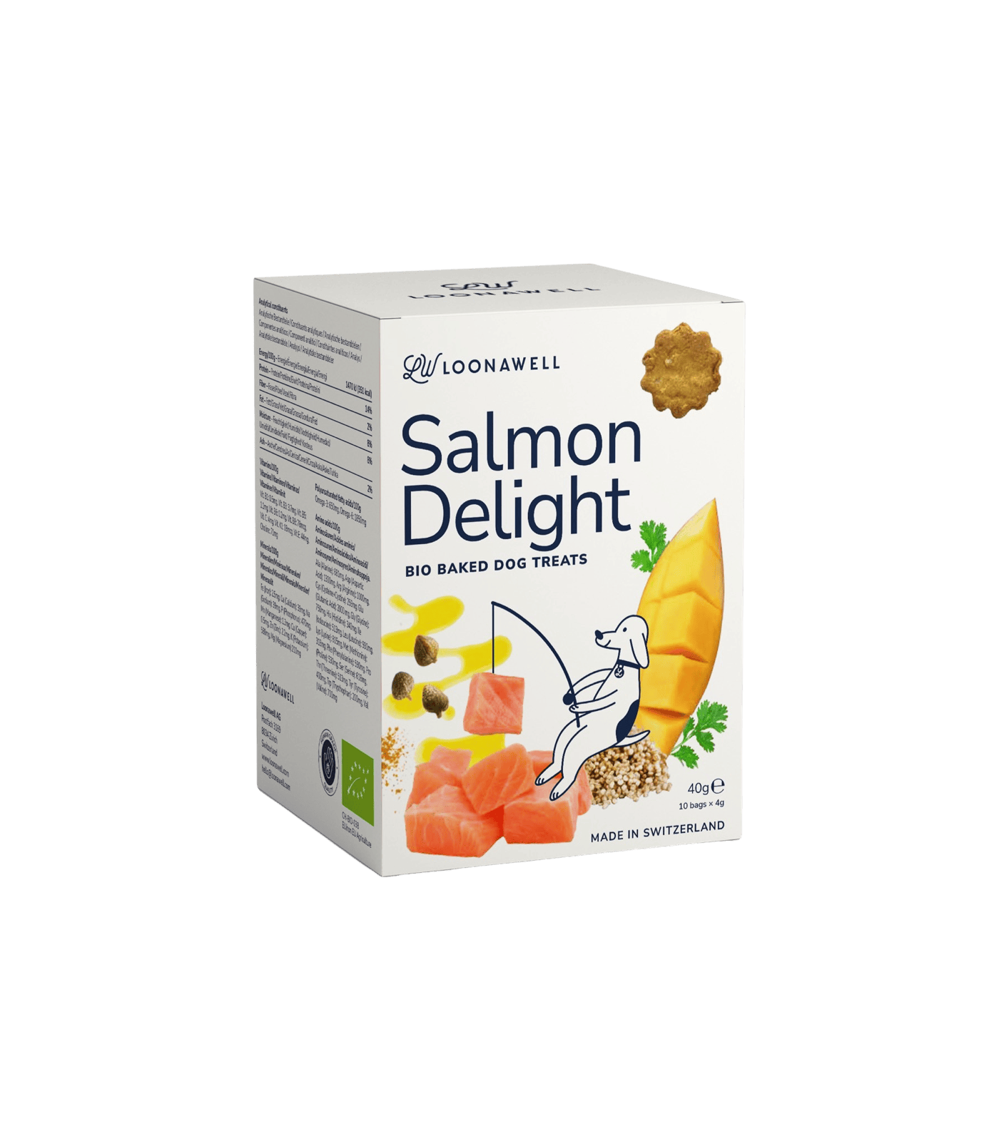  LOONAWELL's Salmon Delight organic treats for dogs with sensitive skin. All natural treats made in Switzerland. Organic treats by LOONAWELL.