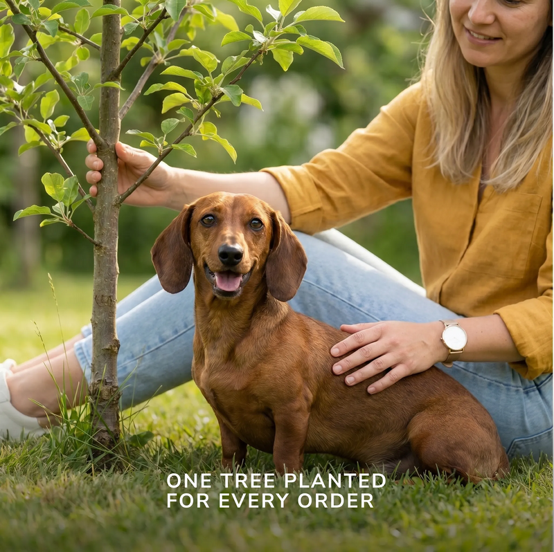 Happy Dachshund sitting with owner on the grass next to a young tree in a garden