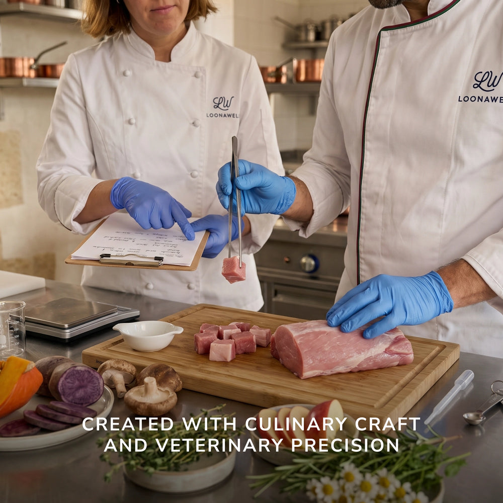 Two chefs in white uniforms and blue gloves inspect raw meat samples on a cutting board in a kitchen setting, with text overlay reading 'created with culinary craft and veterinary precision'.