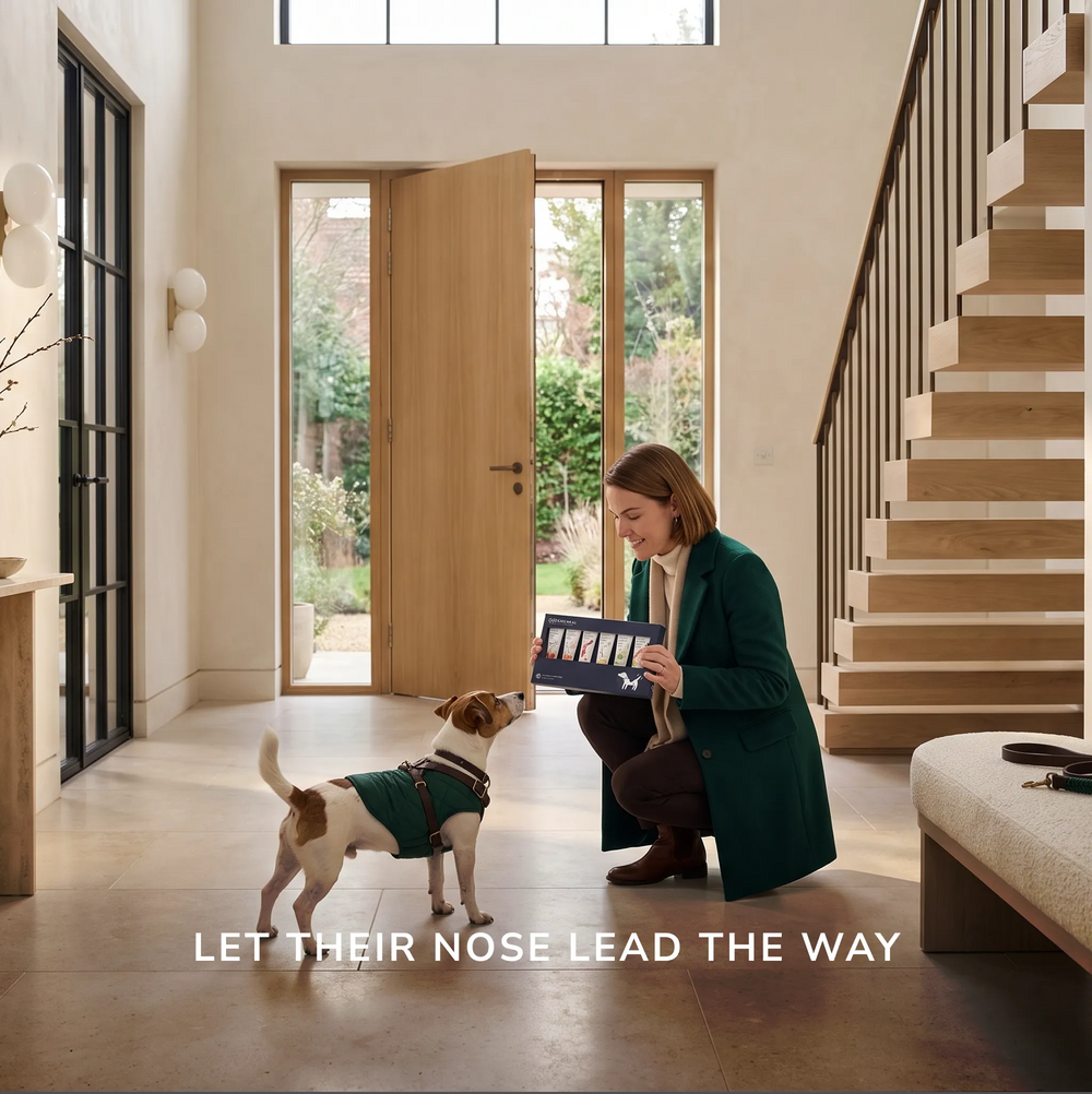 A smiling woman kneeling in a modern, sunlit entryway, holding open a blue Loonawell paté discovery box for her Jack Russell Terrier to sniff. Overlaid text at the bottom reads: "Let their nose lead the way".