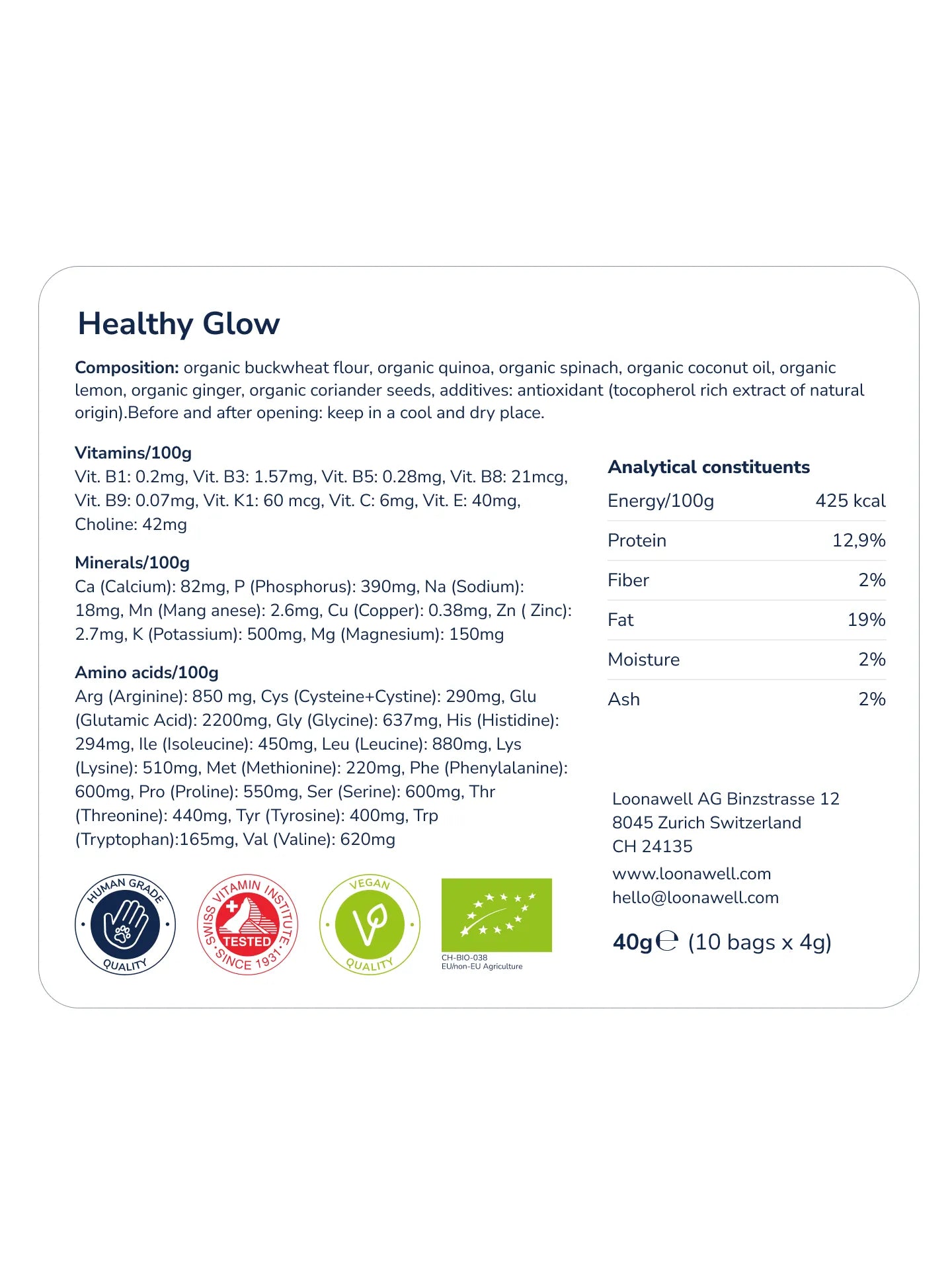 Nutritional information panel for LOONAWELL Healthy Glow organic baked dog treats, listing composition, vitamins, minerals and analytical constituents.