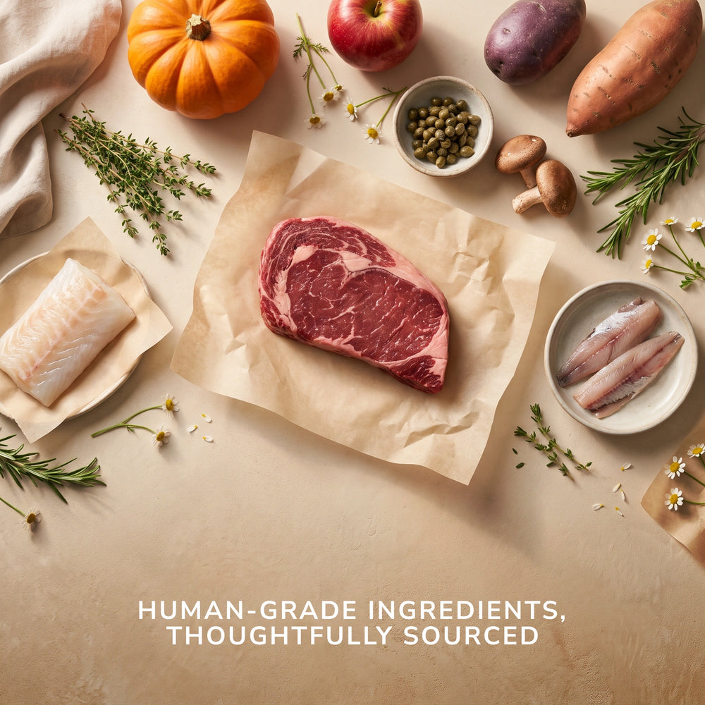 A styled flat-lay of raw human-grade meats and vegetables on parchment paper, including a large raw ribeye steak, a fillet of white fish, and smaller fish pieces, surrounded by seasonal produce and herbs on a beige background.