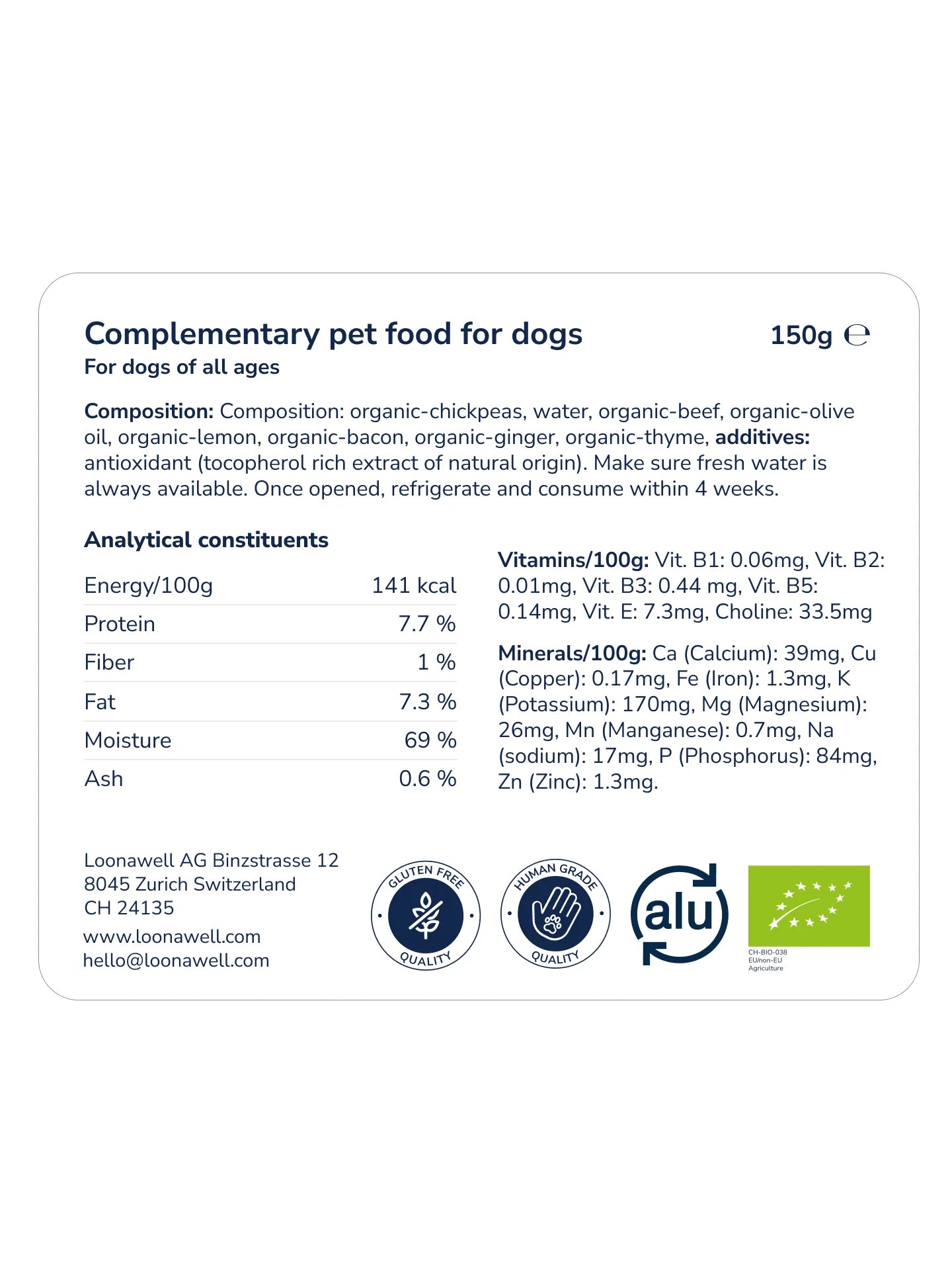 LOONAWELL Beef & Bacon Paté nutritional label with composition, analytical constituents, vitamins and mineral content, 150g