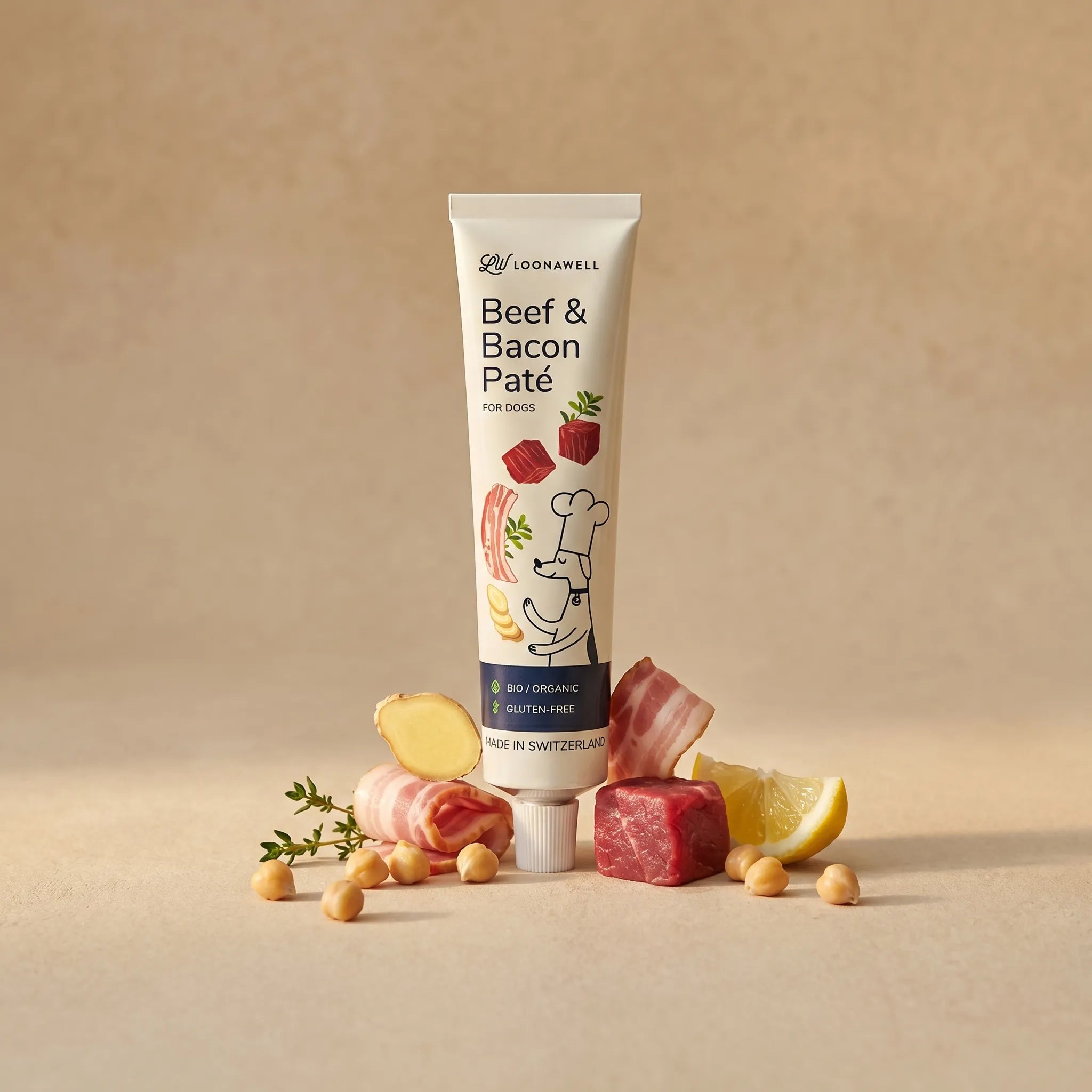 LOONAWELL Beef & Bacon Paté tube for dogs with organic beef, bacon, chickpeas, ginger, thyme and lemon, gluten-free