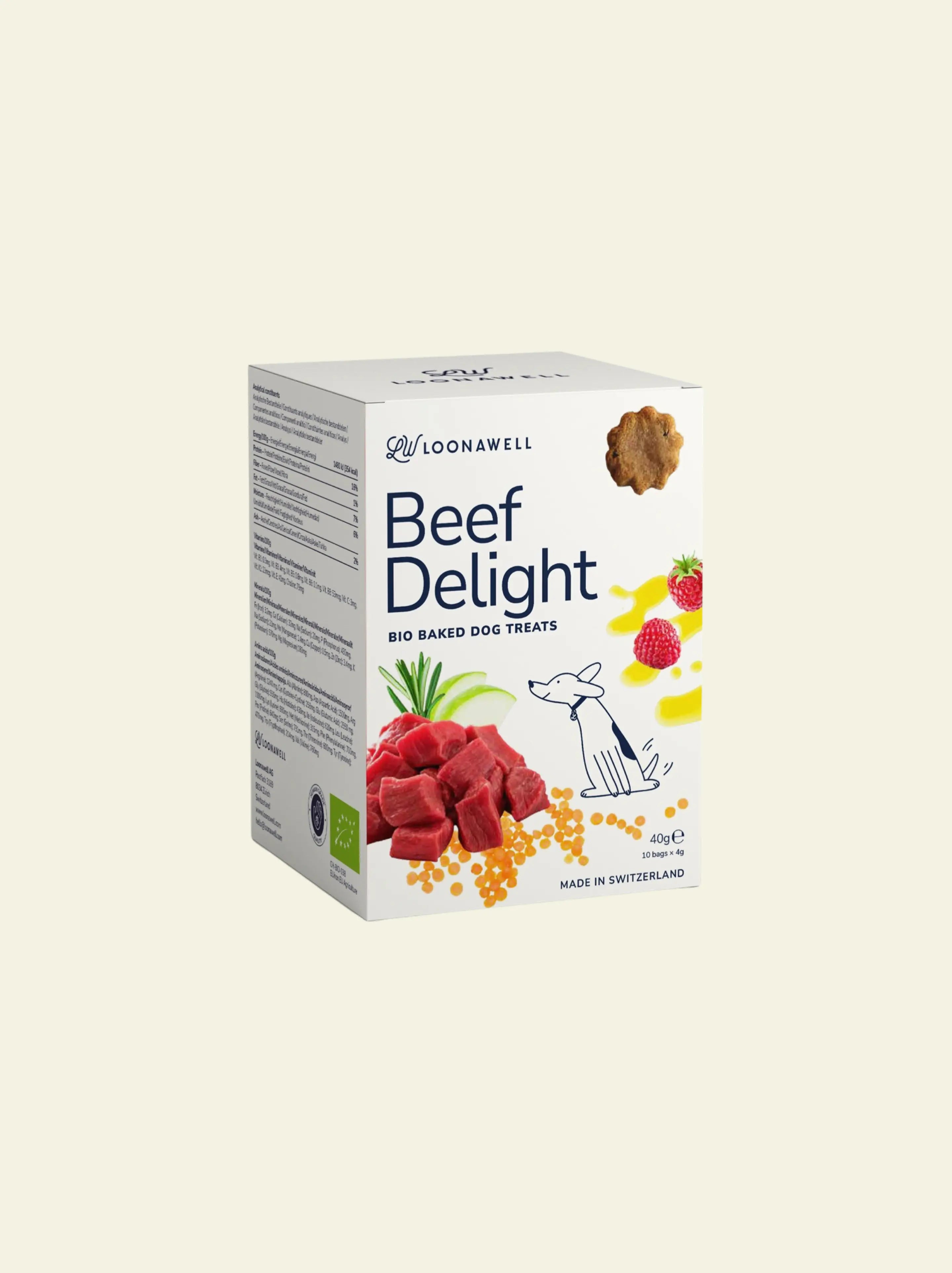 LOONAWELL Beef Delight organic baked dog treats - 40g box with Swiss beef, raspberries and lentils, made in Switzerland