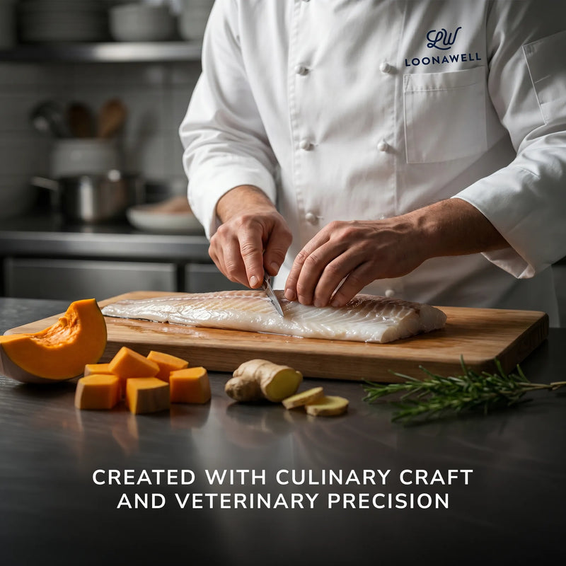 LOONAWELL chef filleting fresh cod on a cutting board with pumpkin, ginger and rosemary