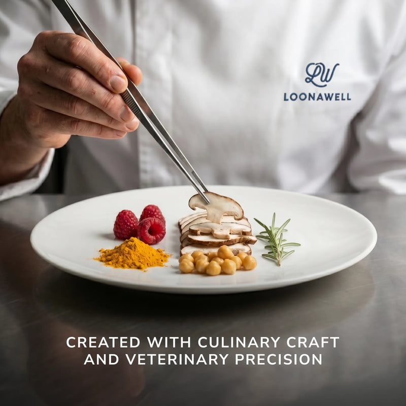 LOONAWELL chef plating shiitake mushroom, turmeric, raspberries and chickpeas with precision tweezers