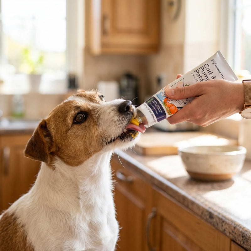 Jack Russell Terrier licking LOONAWELL Cod & Pumpkin Paté from the tube in the kitchen