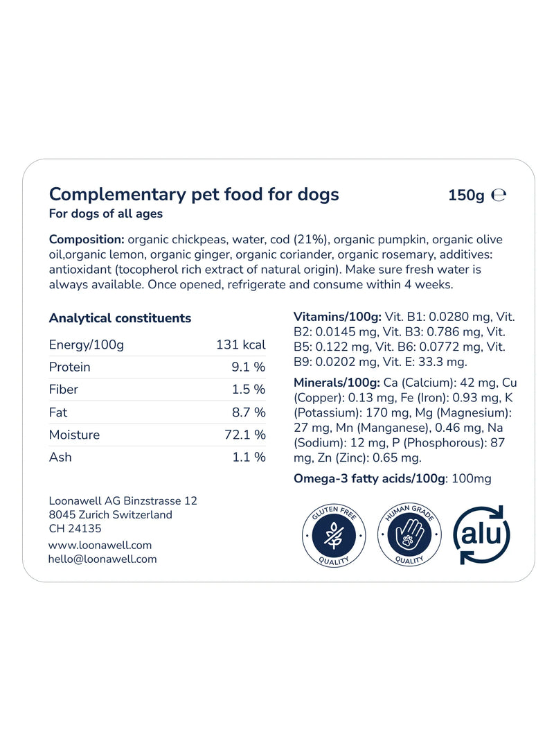 LOONAWELL Cod & Pumpkin Paté nutritional label with composition, analytical constituents, vitamins and mineral content, 150g