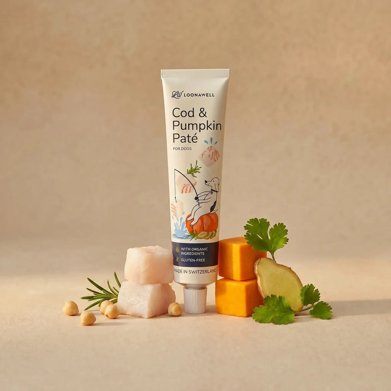 LOONAWELL Cod & Pumpkin Paté tube for dogs with cod, organic pumpkin, chickpeas, ginger, coriander and rosemary, gluten-free