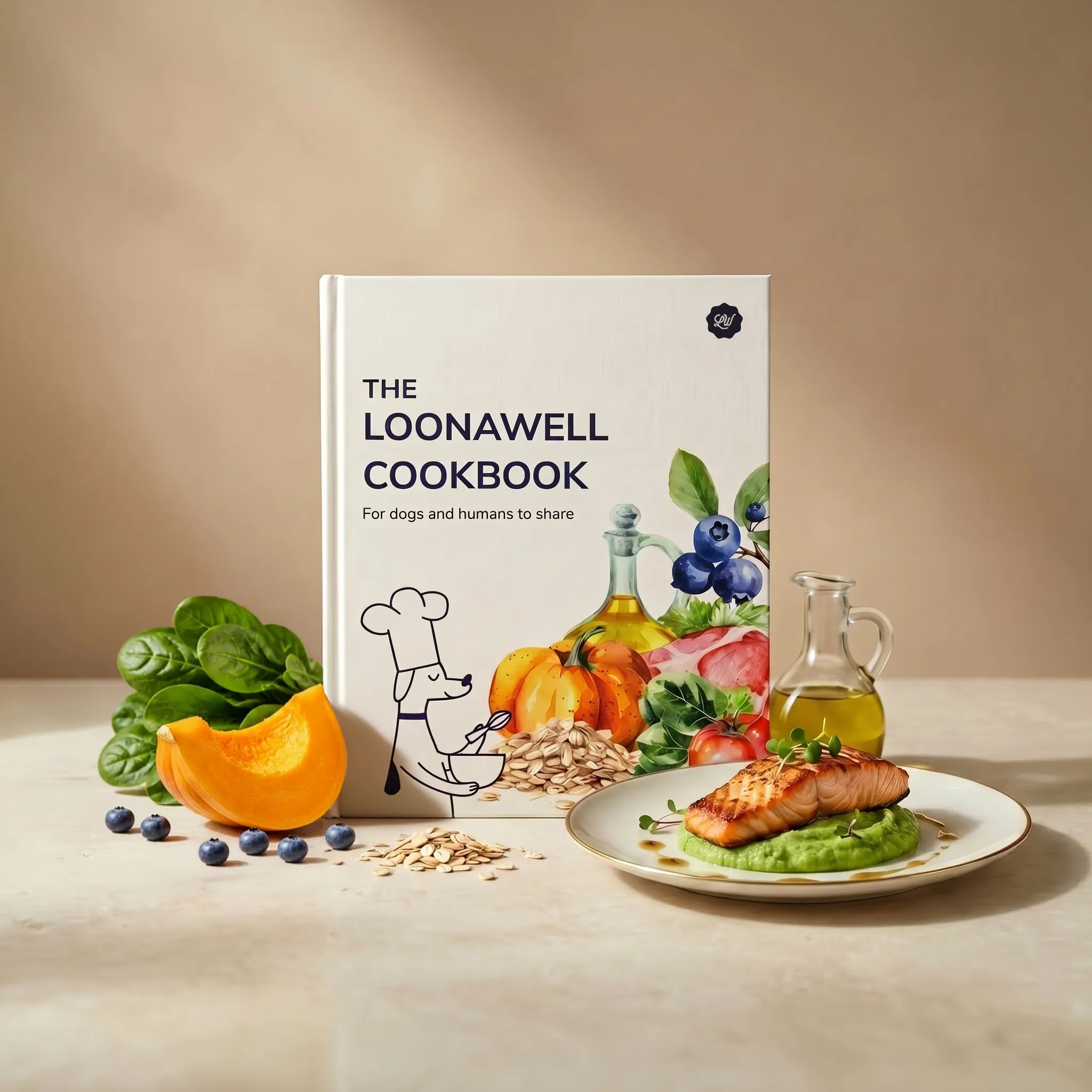 The LOONAWELL Cookbook hardcover with organic recipes for dogs and humans to share, featuring salmon, pumpkin, spinach and blueberries