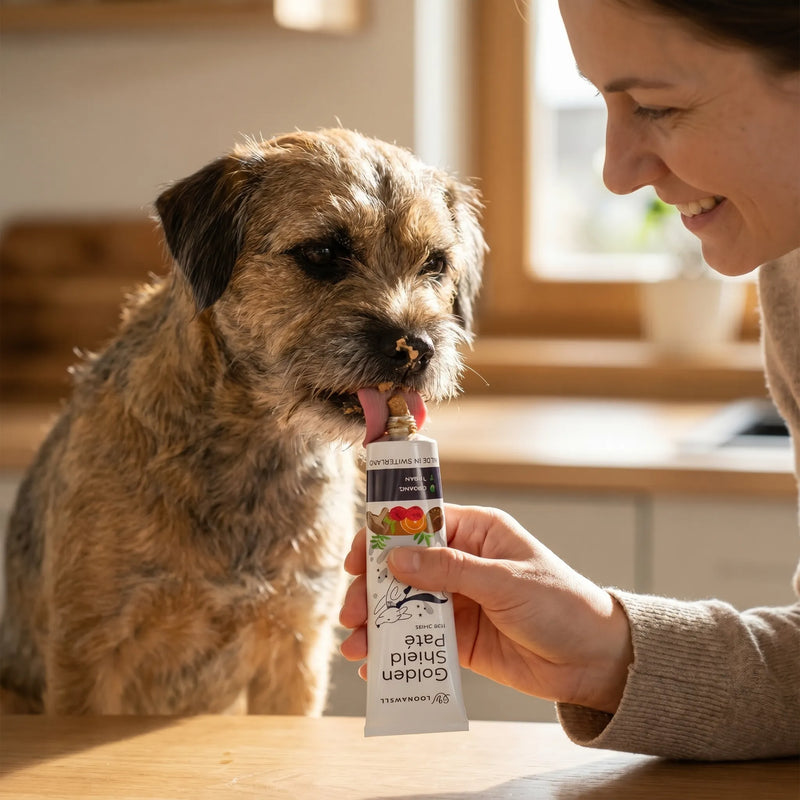 Border Terrier licking LOONAWELL Golden Shield Paté from the tube held by owner in the kitchen