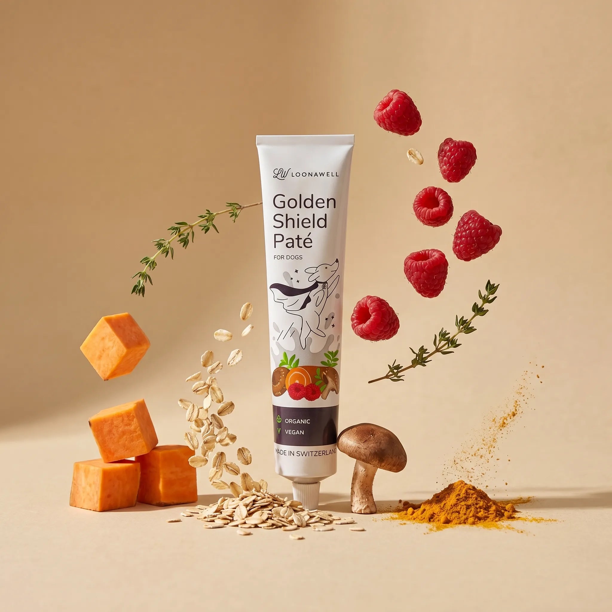 LOONAWELL Golden Shield Paté tube for dogs with organic sweet potato, raspberries, oats, shiitake mushroom, turmeric and thyme, vegan