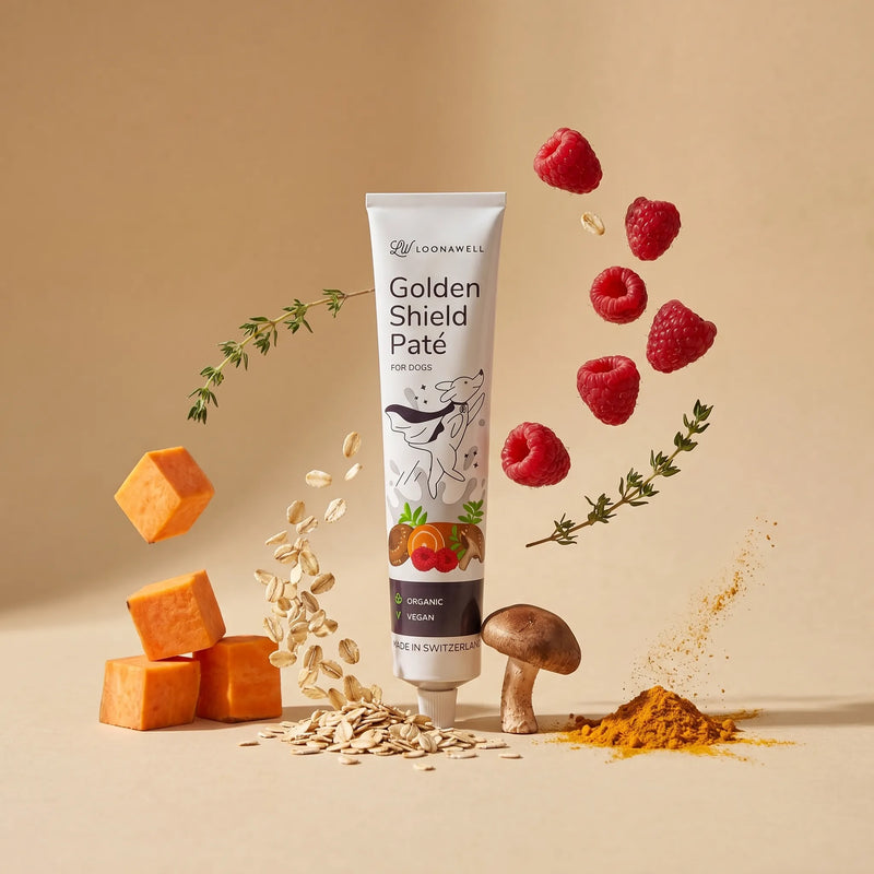 LOONAWELL Golden Shield Paté tube for dogs with organic sweet potato, raspberries, oats, shiitake mushroom, turmeric and thyme, vegan