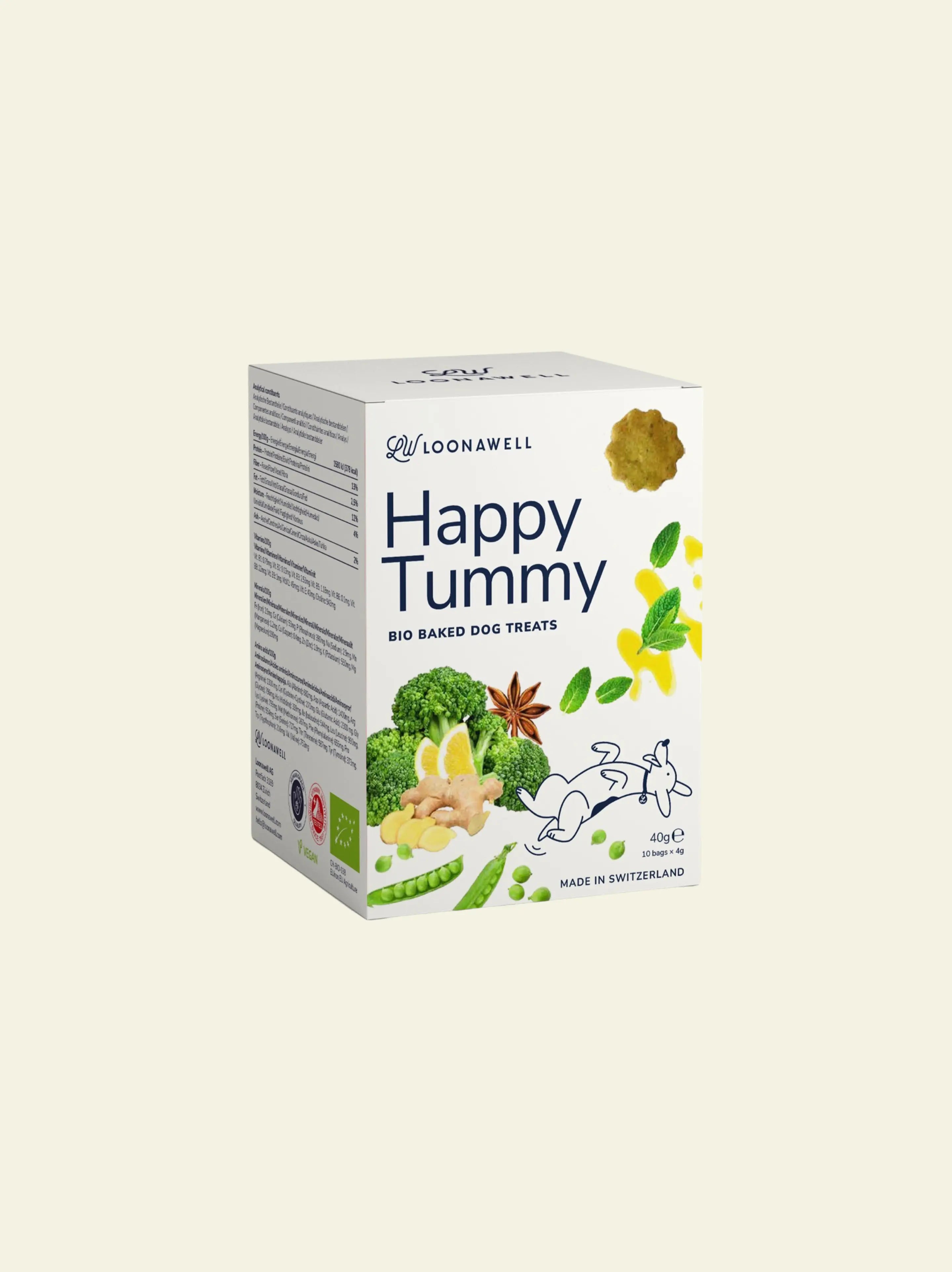 LOONAWELL Happy Tummy organic baked dog treats - 40g box with broccoli, green peas and ginger, made in Switzerland