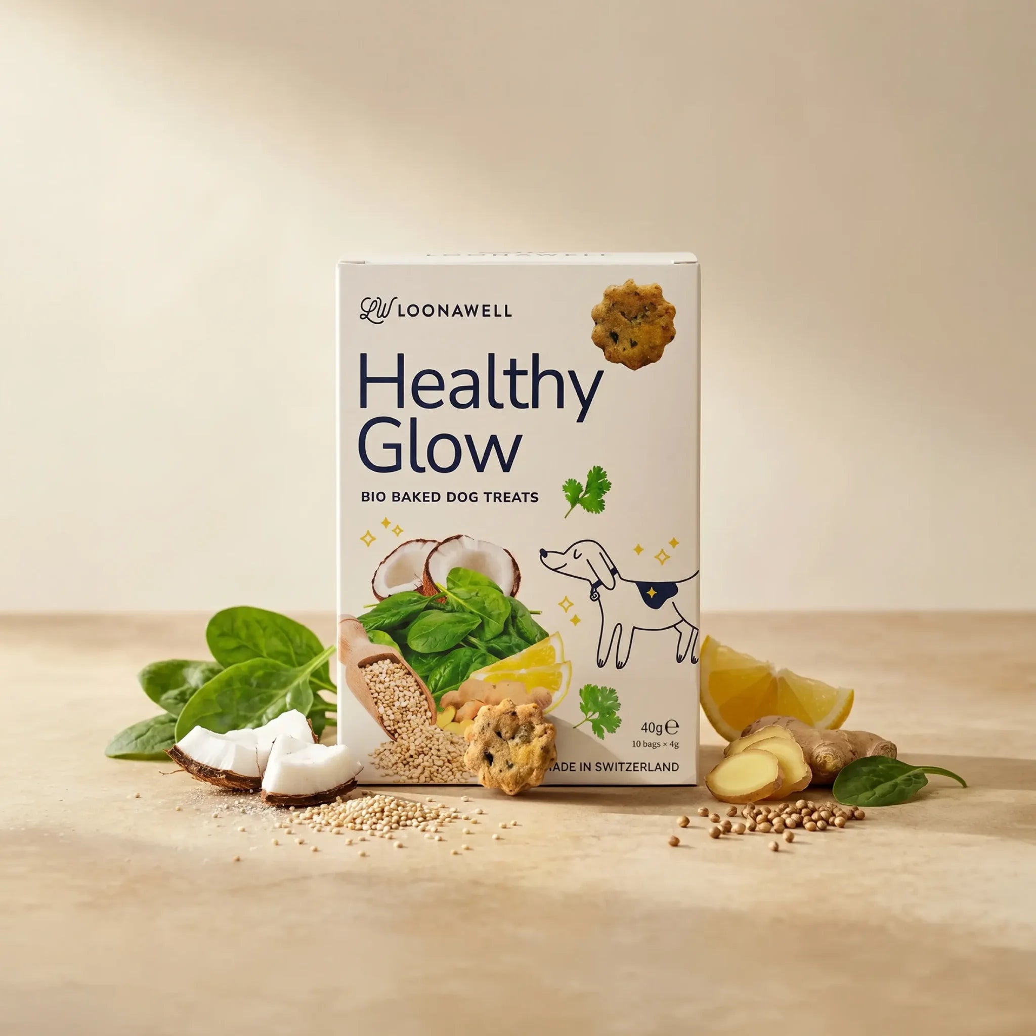 LOONAWELL Healthy Glow bio baked dog treats with spinach, coconut, quinoa, ginger and lemon for skin and coat, made in Switzerland