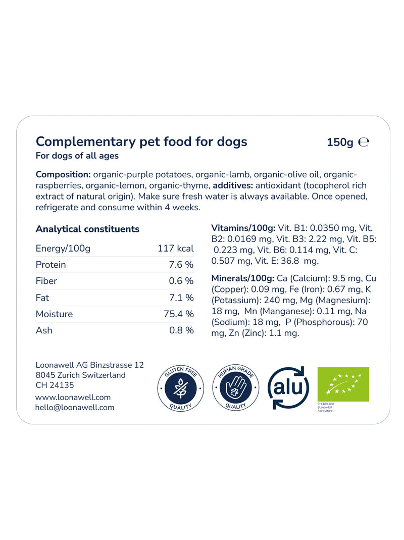LOONAWELL Lamb Paté nutritional label with composition, analytical constituents, vitamins and mineral content, 150g