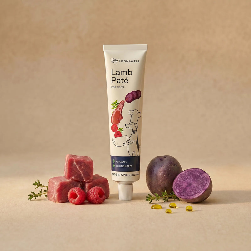 LOONAWELL Lamb Paté tube for dogs with organic lamb, purple potatoes, raspberries, thyme and olive oil, gluten-free