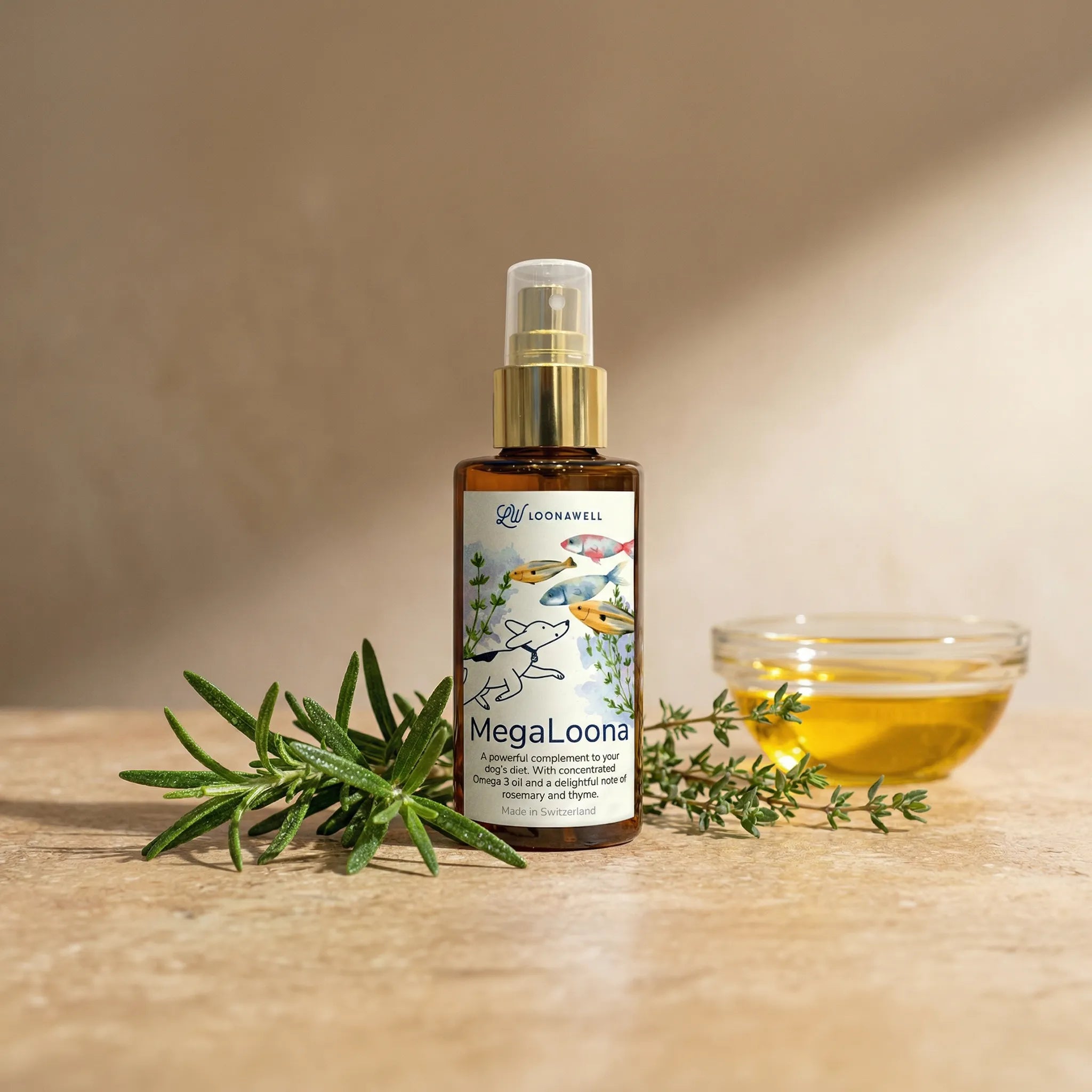 A bottle of Loonawell MegaLoona Omega-3 dog supplement displayed alongside fresh sprigs of rosemary and thyme, and a small glass bowl of golden fish oil.