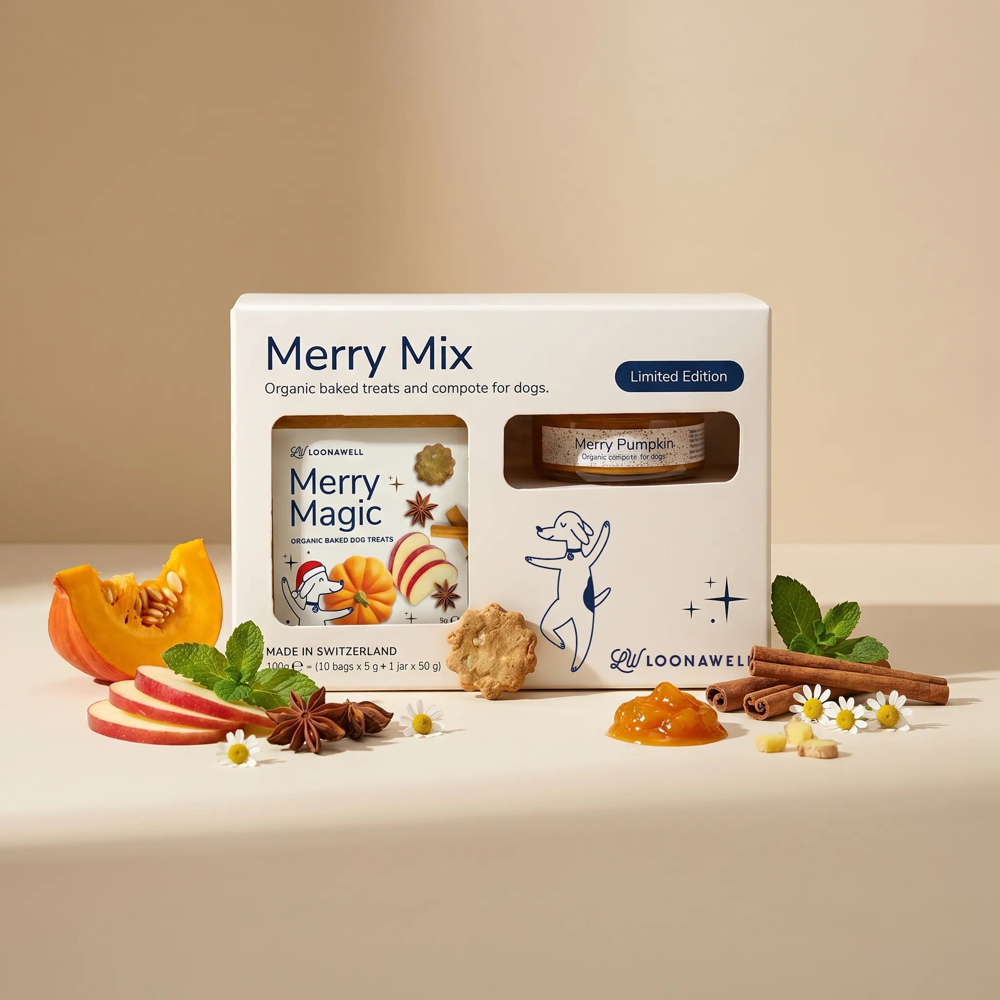LOONAWELL Merry Mix limited edition Christmas gift set for dogs with Merry Magic organic baked treats and Merry Pumpkin compote, made in Switzerland
