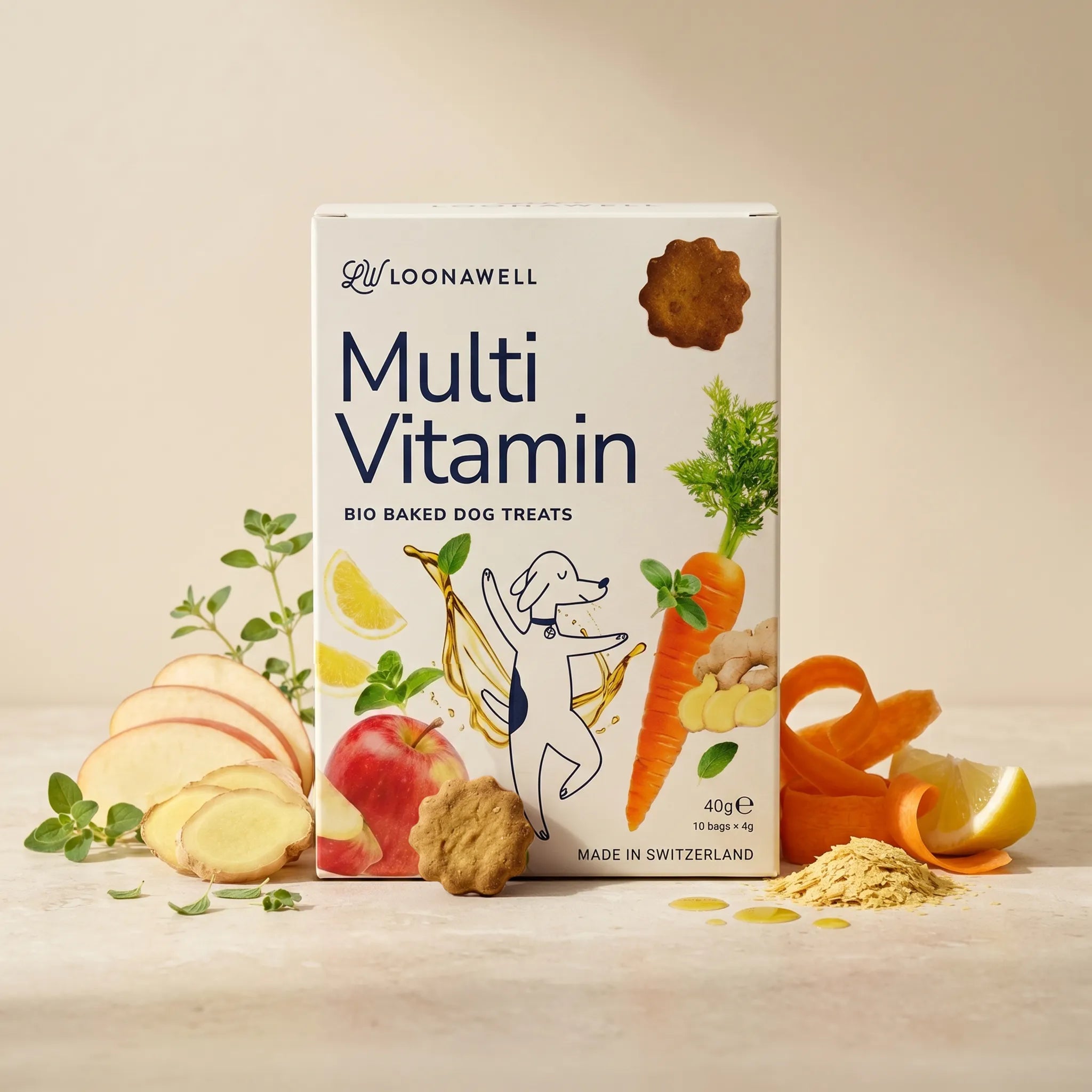 LOONAWELL Multi Vitamin bio baked dog treats with carrot, apple, ginger, lemon and oregano for daily wellness, made in Switzerland