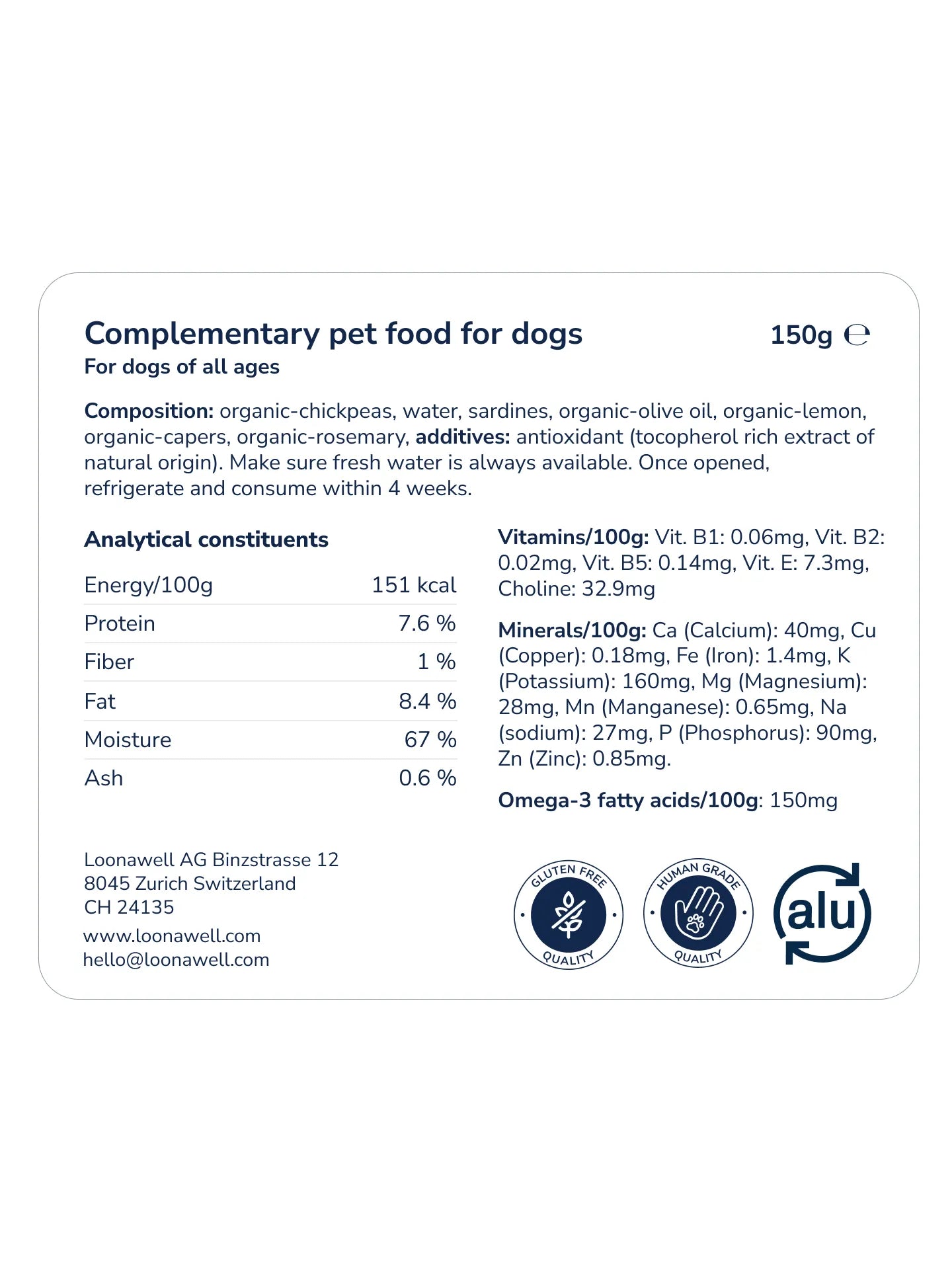 LOONAWELL Sardine Paté nutritional label with composition, analytical constituents, vitamins and mineral content, 150g