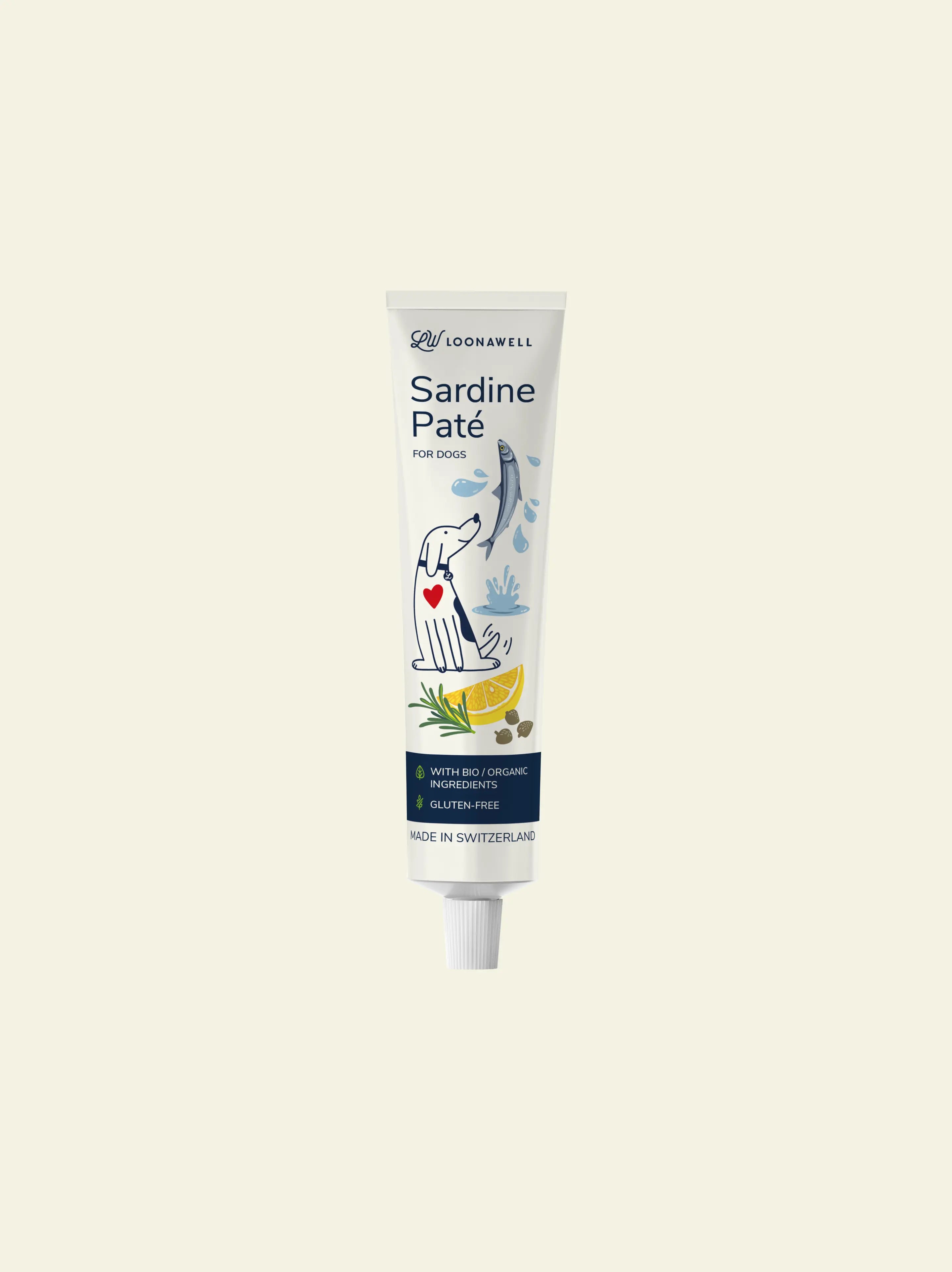LOONAWELL Sardine Paté tube for dogs - organic and gluten-free with lemon, capers and rosemary, made in Switzerland