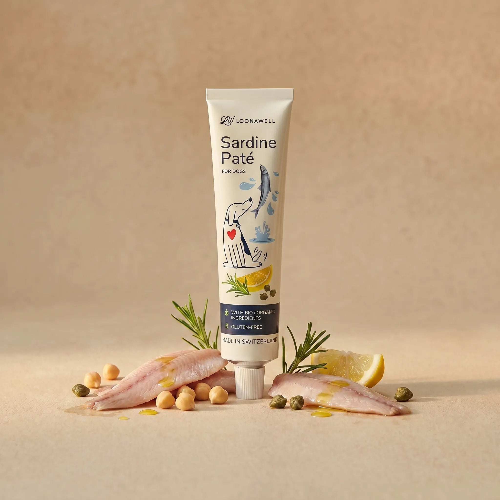 LOONAWELL Sardine Paté tube for dogs with fresh sardine fillets, chickpeas, capers, rosemary and lemon, organic and gluten-free