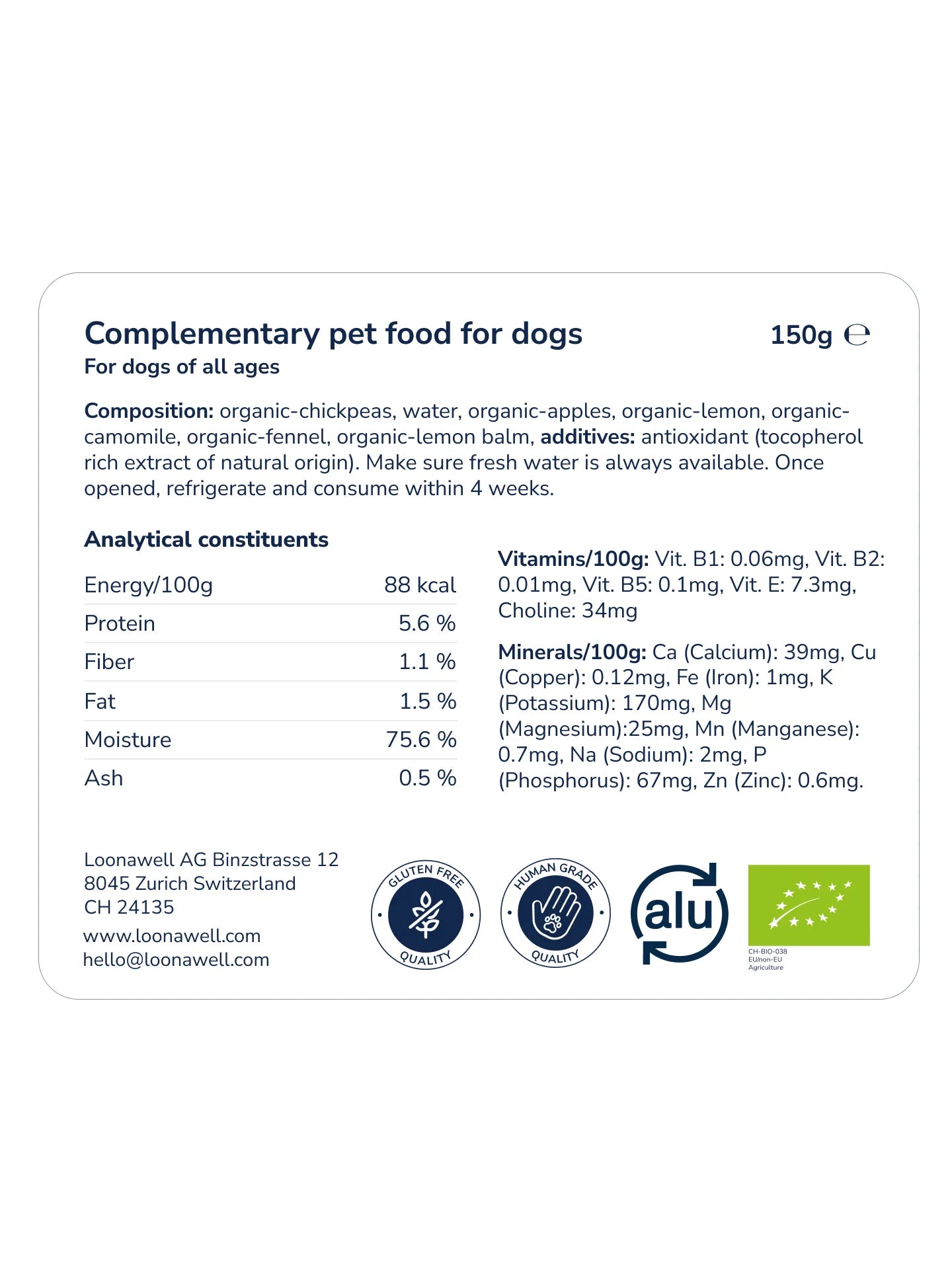 LOONAWELL Sleepy Paté nutritional label with composition, analytical constituents, vitamins and mineral content, 150g