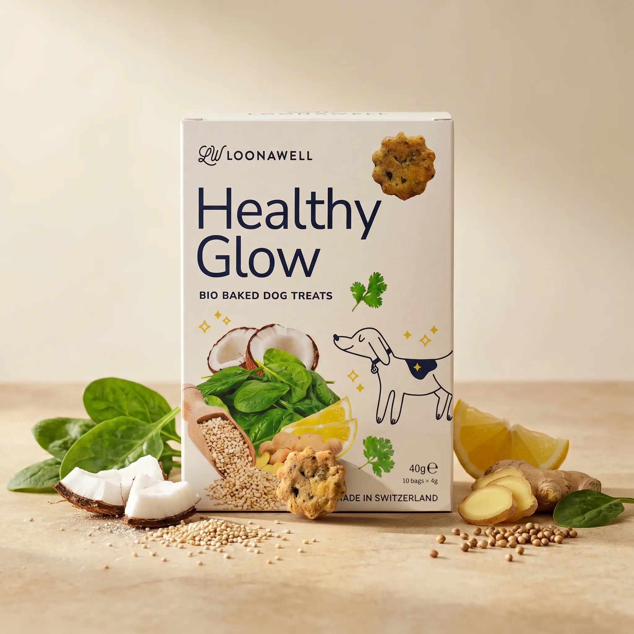 LOONAWELL Healthy Glow bio baked dog treats with spinach, coconut, quinoa, ginger and lemon for skin and coat, made in Switzerland