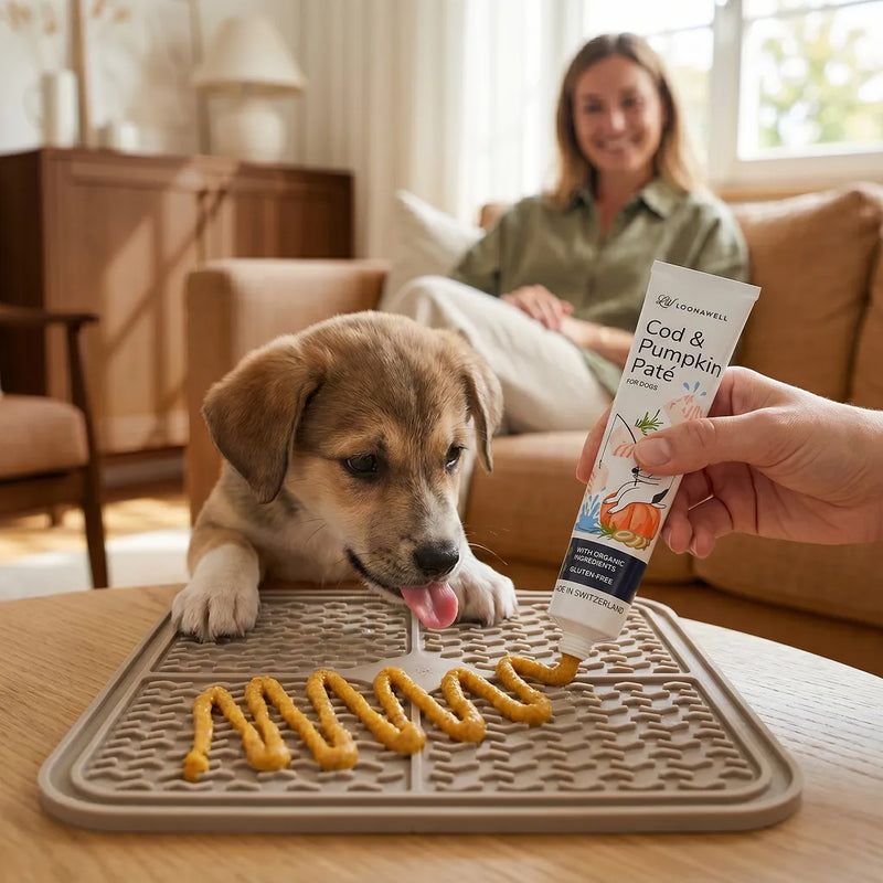 A woman squeezing Loonawell Cod and Pumpkin Paté onto a silicone enrichment lick mat in a zig-zag pattern while a small puppy eagerly licks the treat.