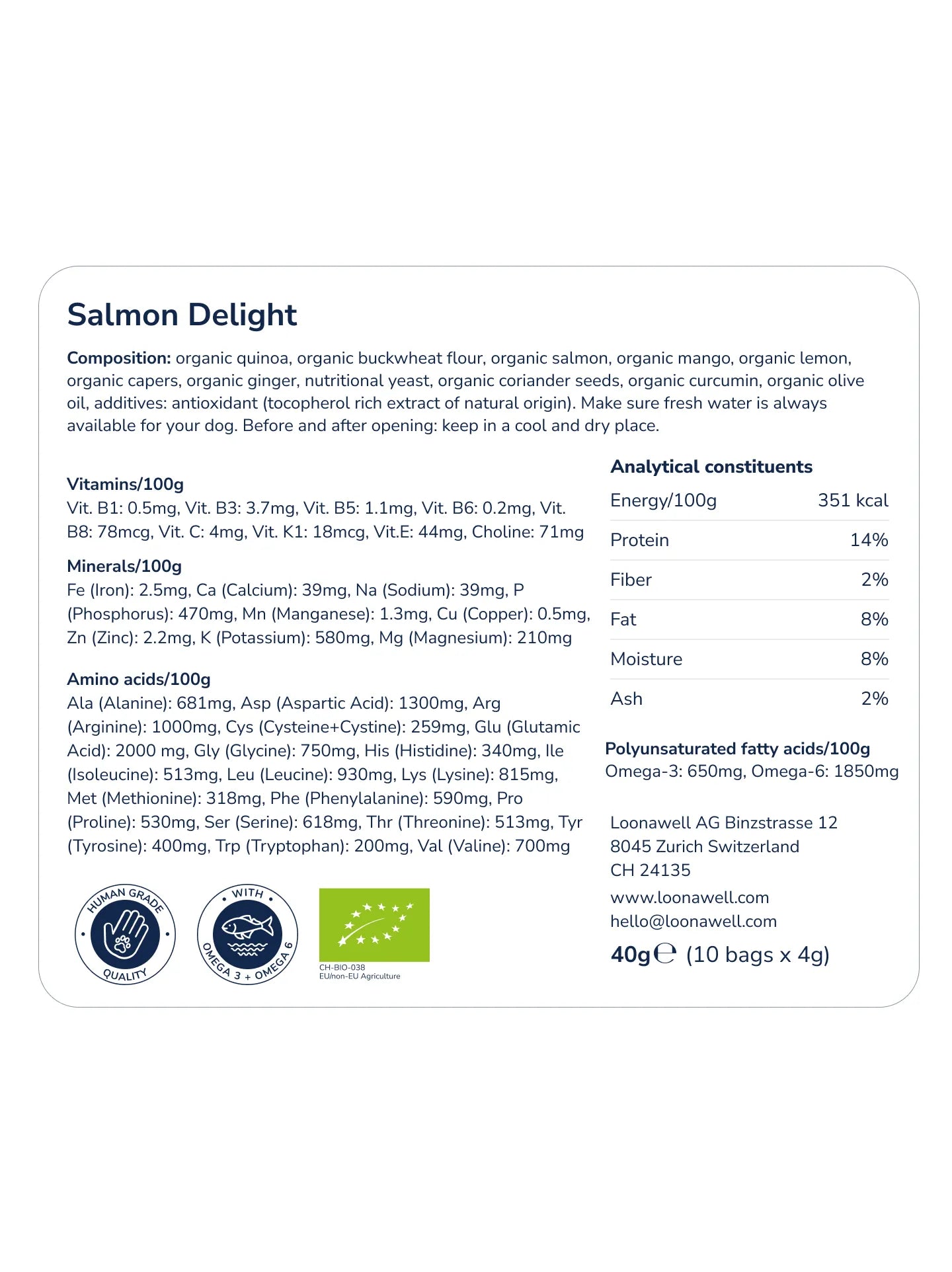 Nutritional information panel for LOONAWELL Salmon Delight organic baked dog treats, listing composition, omega-3 and omega-6, vitamins and minerals.