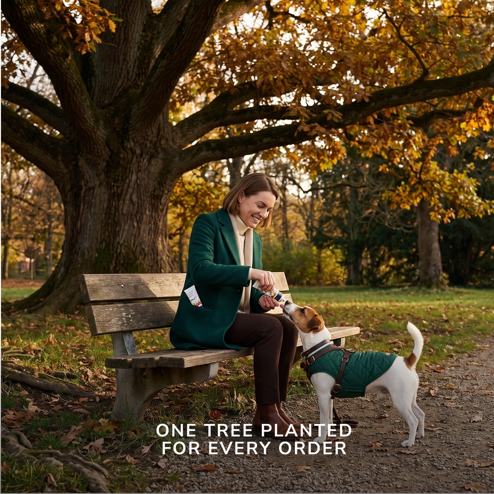 A woman in a green blazer sits on a wooden park bench while feeding a  Jack Russell wearing a green sweater. The scene is set under a large autumn tree with yellow leaves, and text at the bottom reads 'One tree planted for every order'.