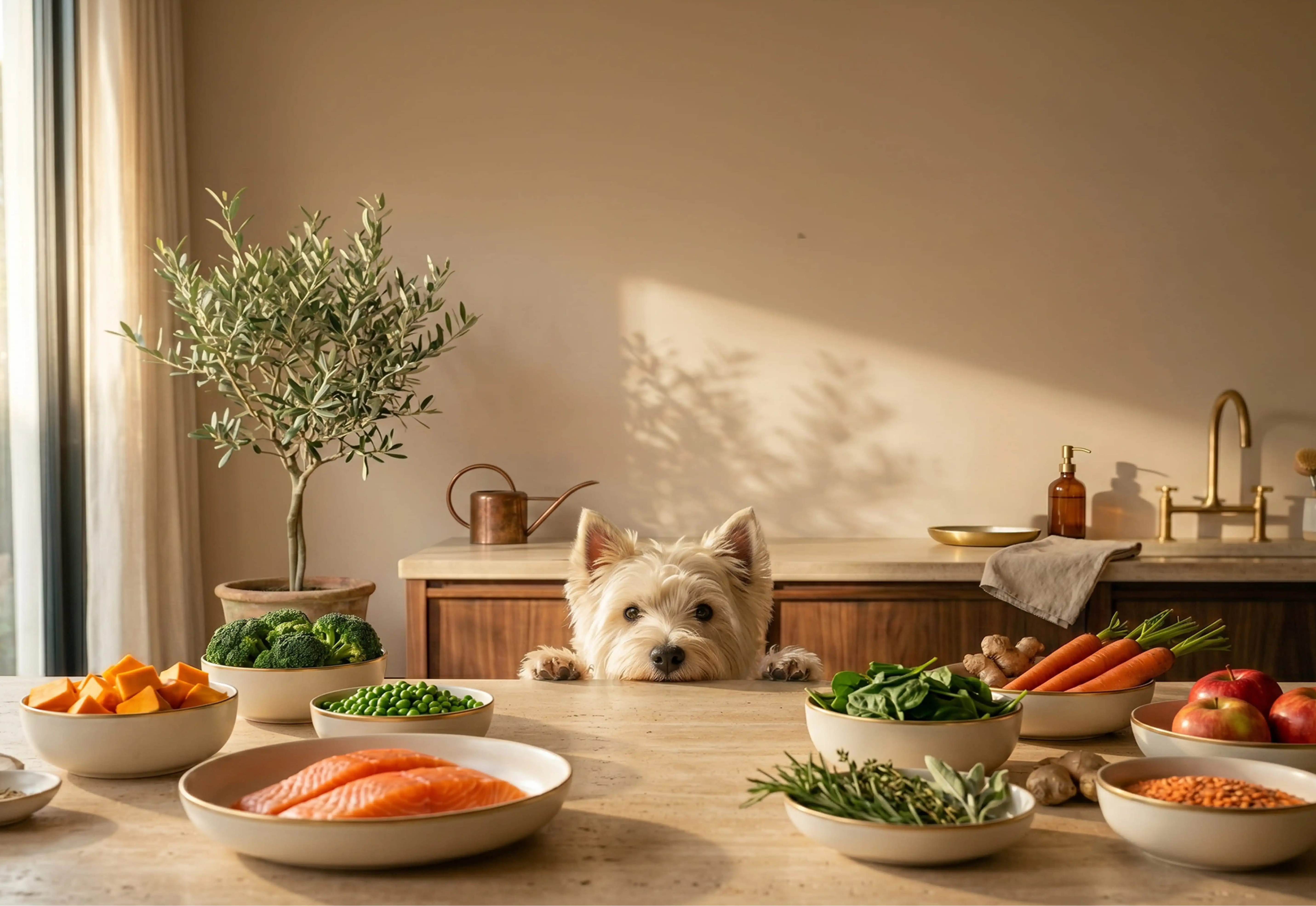 A West Highland Terrier peeks over a kitchen counter surrounded by bowls of fresh organic ingredients including salmon, broccoli, peas, carrots, spinach, apples, ginger, and lentils — showcasing Loonawell's premium, whole-food dog nutrition