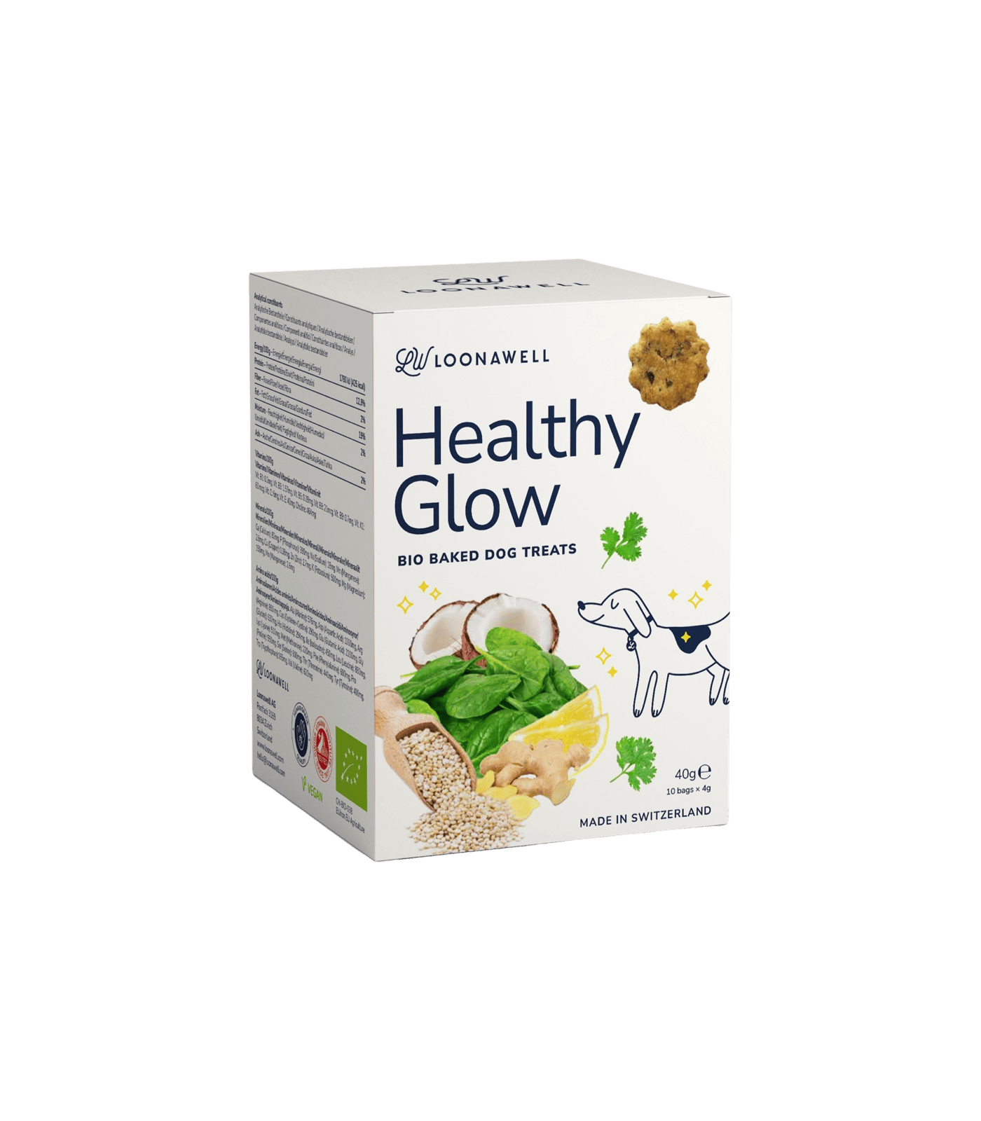  LOONAWELL Healthy Glow: croccantini biologici per cani con pelle sensibile. Tutti i croccantini naturali sono prodotti in Svizzera. Croccantini biologici di LOONAWELL.