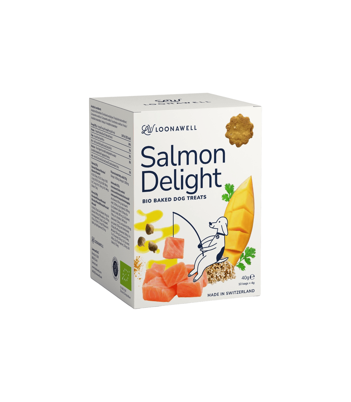  Il Salmon Delight di LOONAWELL è un croccantino biologico per cani con pelle sensibile. Tutti i croccantini naturali prodotti in Svizzera. Croccantini biologici di LOONAWELL.